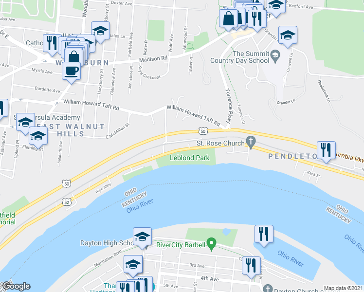 map of restaurants, bars, coffee shops, grocery stores, and more near 2324 Gladstone Avenue in Cincinnati