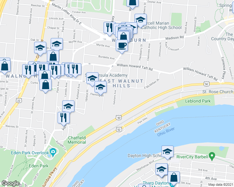 map of restaurants, bars, coffee shops, grocery stores, and more near 2417 Salutaris Avenue in Cincinnati