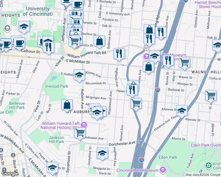 map of restaurants, bars, coffee shops, grocery stores, and more near 287 Mccormick Place in Cincinnati