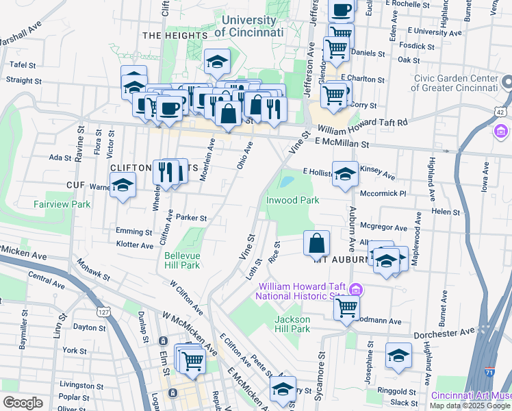 map of restaurants, bars, coffee shops, grocery stores, and more near 2329 Vine Street in Cincinnati