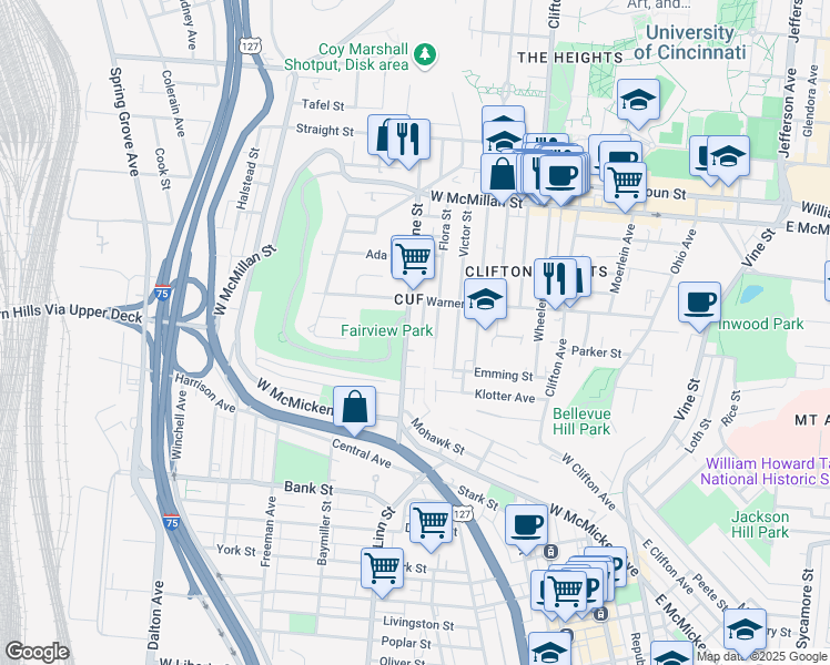 map of restaurants, bars, coffee shops, grocery stores, and more near 2249 Flora Street in Cincinnati