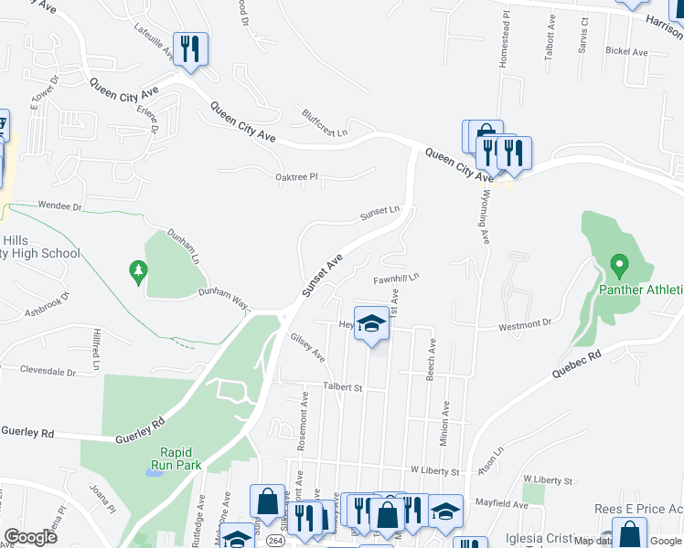 map of restaurants, bars, coffee shops, grocery stores, and more near 1852 Sunset Avenue in Cincinnati