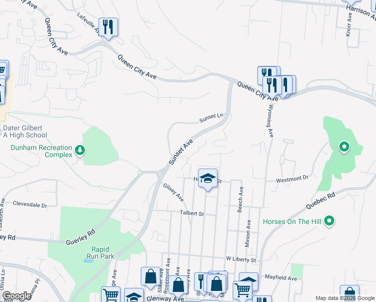 map of restaurants, bars, coffee shops, grocery stores, and more near 1852 Sunset Avenue in Cincinnati