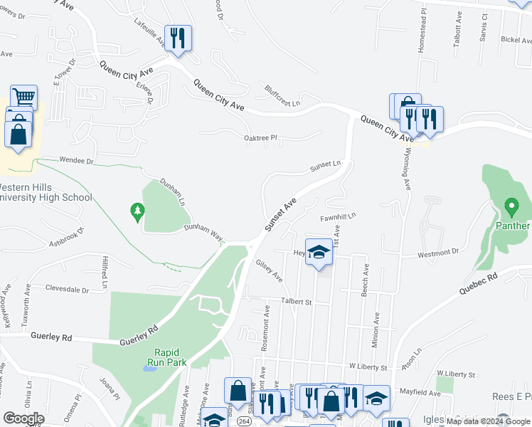 map of restaurants, bars, coffee shops, grocery stores, and more near 1872 Sunset Avenue in Cincinnati