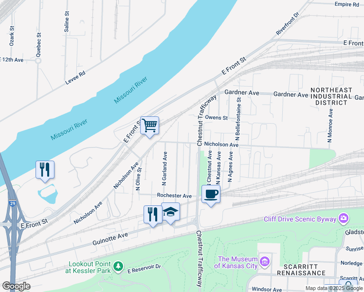 map of restaurants, bars, coffee shops, grocery stores, and more near 2612 Nicholson Avenue in Kansas City