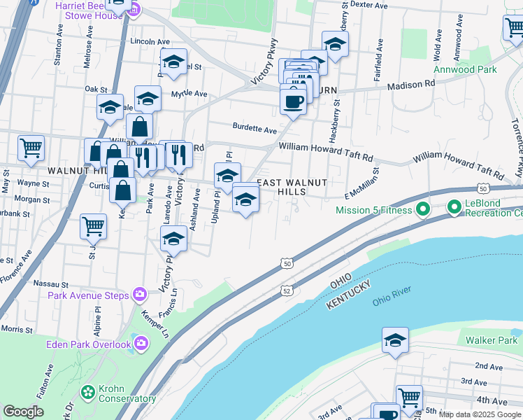 map of restaurants, bars, coffee shops, grocery stores, and more near 2400 Grandview Avenue in Cincinnati