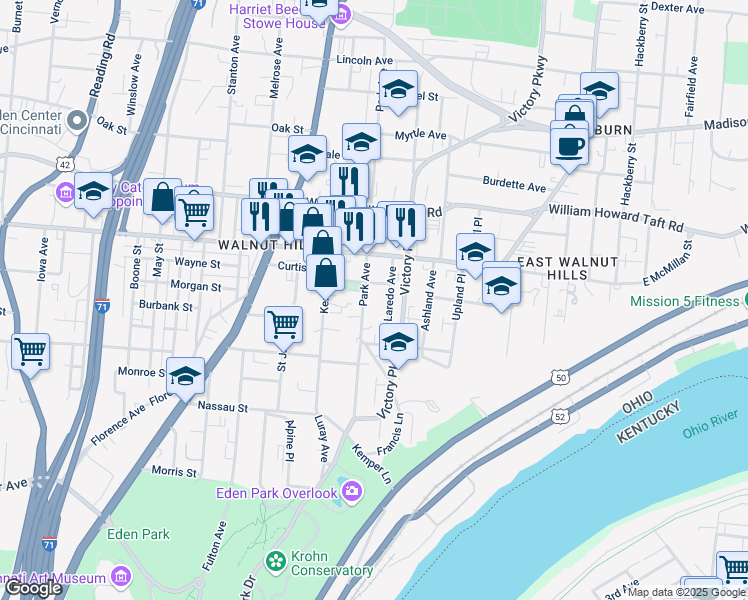 map of restaurants, bars, coffee shops, grocery stores, and more near 2356 Park Avenue in Cincinnati