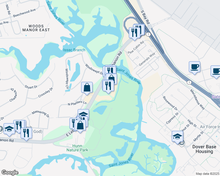map of restaurants, bars, coffee shops, grocery stores, and more near 250 Gateway South Boulevard in Dover