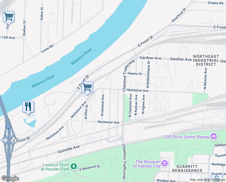 map of restaurants, bars, coffee shops, grocery stores, and more near 2612 Nicholson Avenue in Kansas City