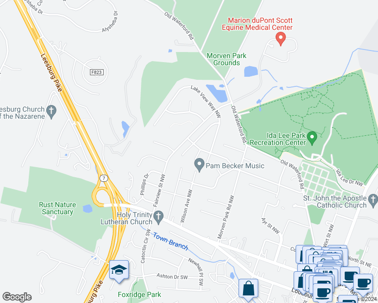 map of restaurants, bars, coffee shops, grocery stores, and more near 103 Fox Trot Way Northwest in Leesburg