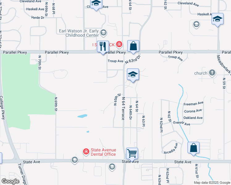 map of restaurants, bars, coffee shops, grocery stores, and more near 6537 Sears Drive in Kansas City