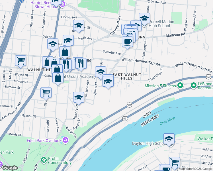 map of restaurants, bars, coffee shops, grocery stores, and more near 2404 Grandview Avenue in Cincinnati