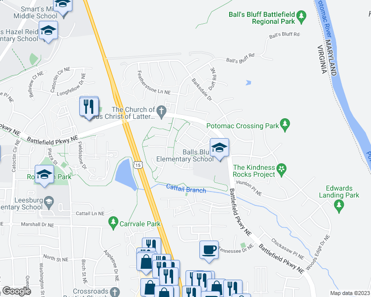 map of restaurants, bars, coffee shops, grocery stores, and more near 911 Smartts Lane Northeast in Leesburg