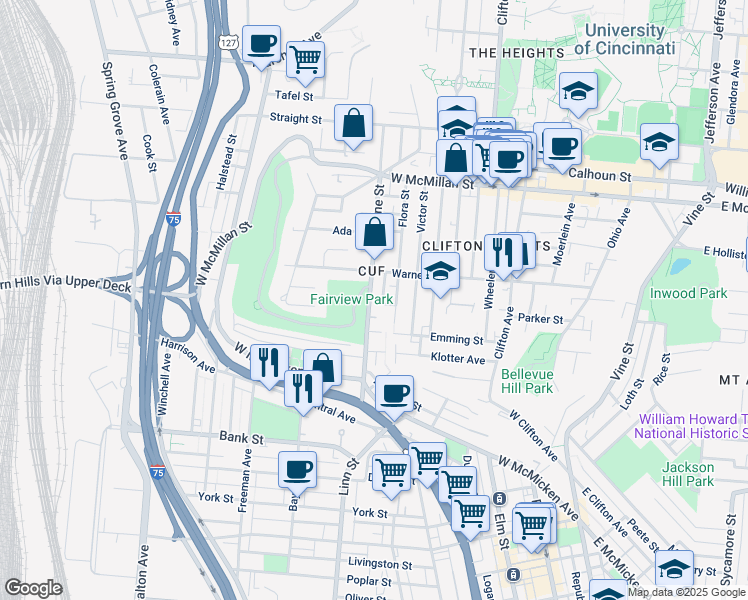 map of restaurants, bars, coffee shops, grocery stores, and more near 2228 Ravine Street in Cincinnati