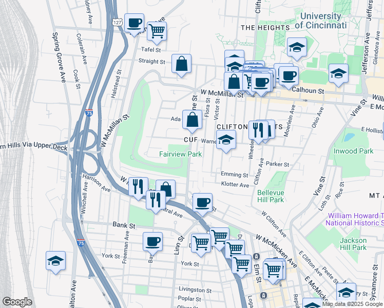 map of restaurants, bars, coffee shops, grocery stores, and more near 2228 Ravine Street in Cincinnati