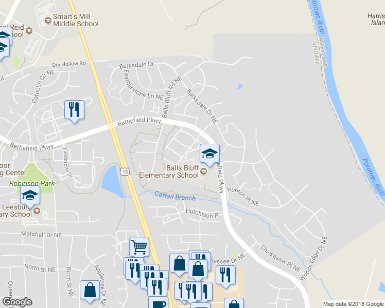 map of restaurants, bars, coffee shops, grocery stores, and more near 851 Ferndale Terrace Northeast in Leesburg