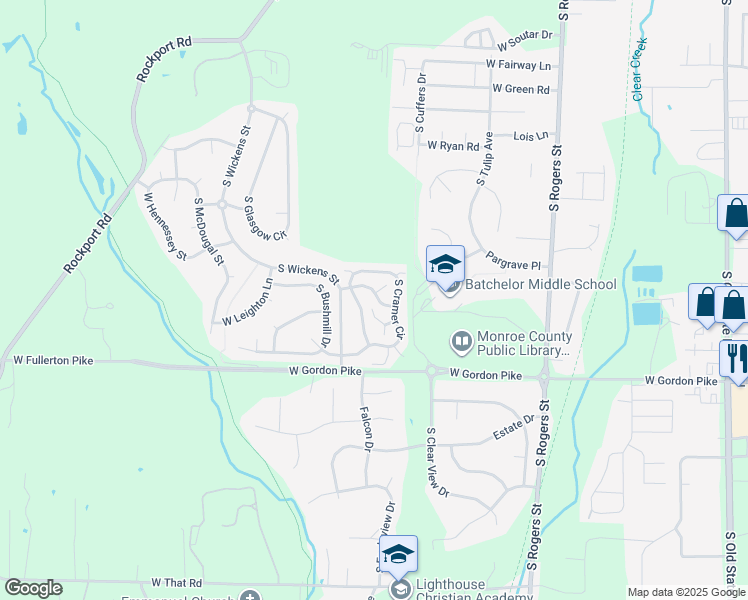map of restaurants, bars, coffee shops, grocery stores, and more near 1445 West Rockcrest Drive in Bloomington