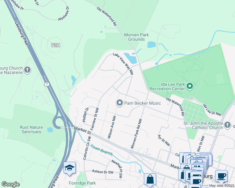 map of restaurants, bars, coffee shops, grocery stores, and more near 507 Ayrlee Avenue Northwest in Leesburg