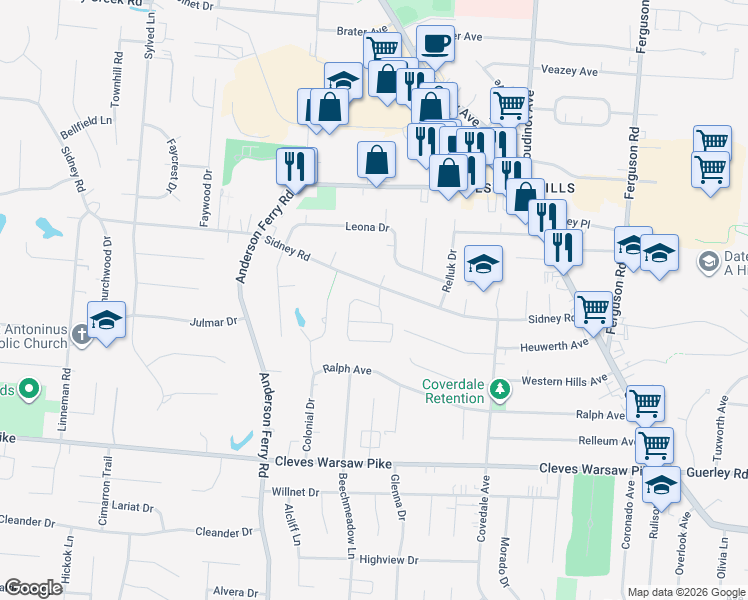 map of restaurants, bars, coffee shops, grocery stores, and more near 5231 Sidney Road in Cincinnati