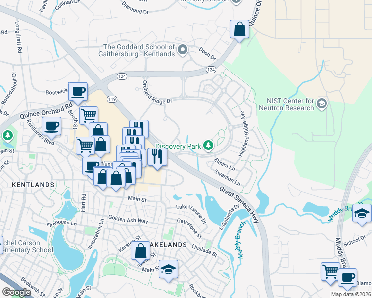 map of restaurants, bars, coffee shops, grocery stores, and more near 944 Orchard Ridge Drive in Gaithersburg