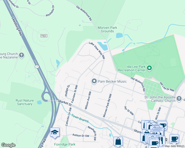 map of restaurants, bars, coffee shops, grocery stores, and more near 507 Ayrlee Avenue Northwest in Leesburg