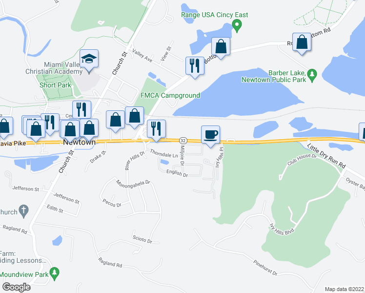 map of restaurants, bars, coffee shops, grocery stores, and more near 3498 Miljoie Drive in Newtown