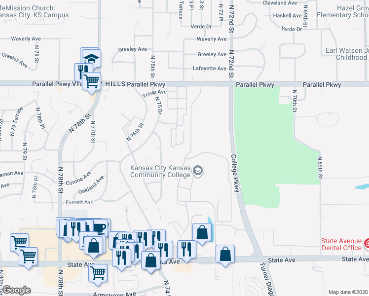 map of restaurants, bars, coffee shops, grocery stores, and more near in Kansas City