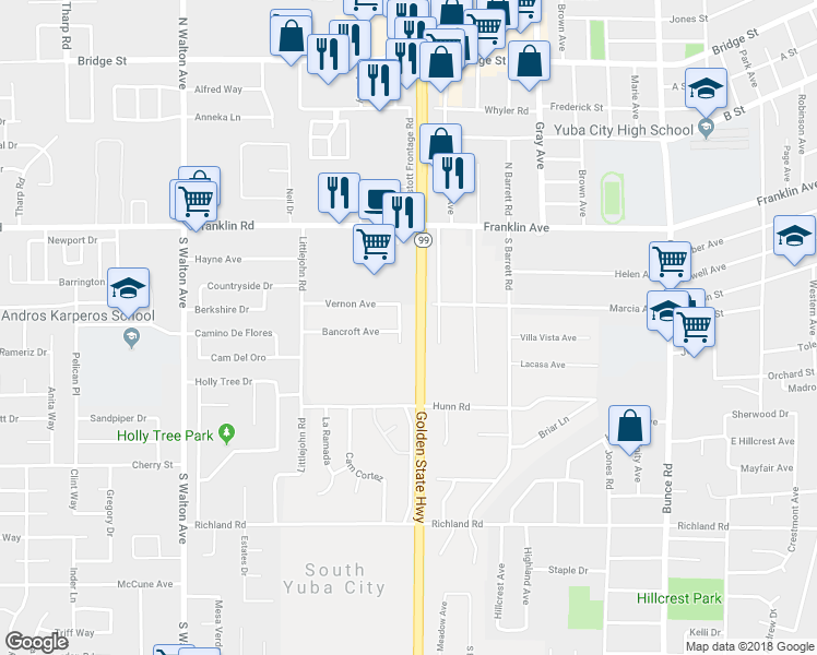 map of restaurants, bars, coffee shops, grocery stores, and more near 270 Arden Avenue in Yuba City