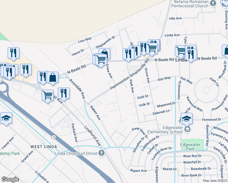 map of restaurants, bars, coffee shops, grocery stores, and more near 5888 Montclair Avenue in Marysville