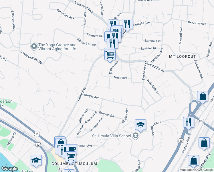 map of restaurants, bars, coffee shops, grocery stores, and more near 814 Ellison Avenue in Cincinnati