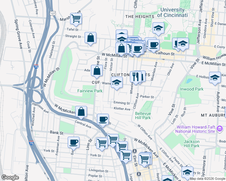 map of restaurants, bars, coffee shops, grocery stores, and more near in Cincinnati