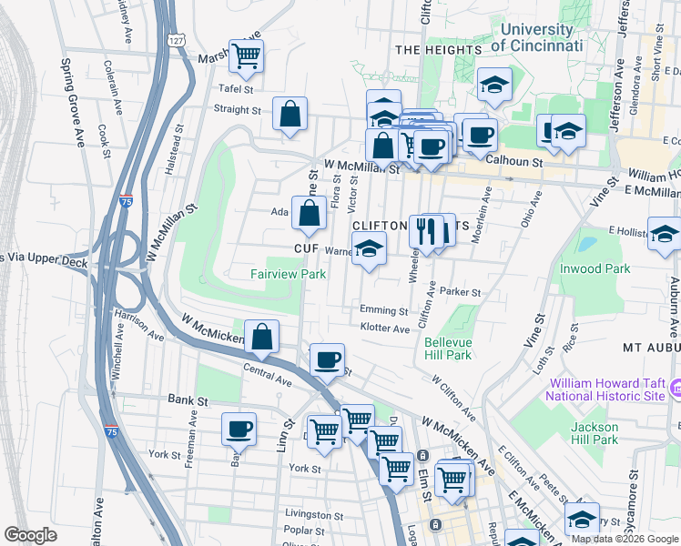 map of restaurants, bars, coffee shops, grocery stores, and more near in Cincinnati