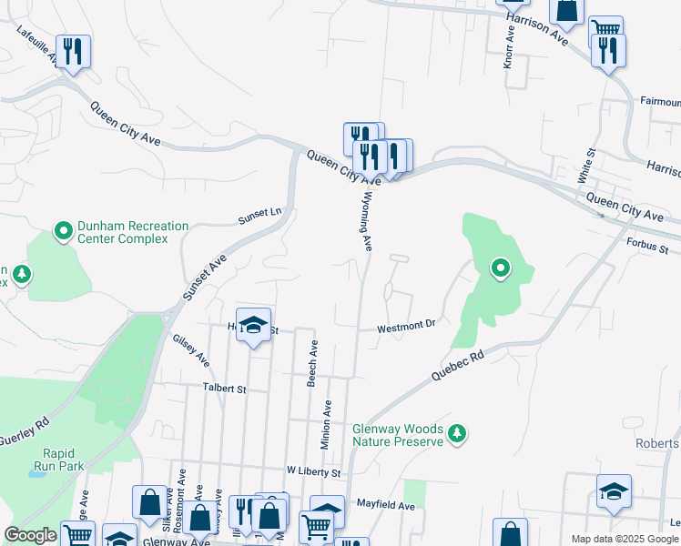 map of restaurants, bars, coffee shops, grocery stores, and more near 2325 Wyoming Avenue in Cincinnati