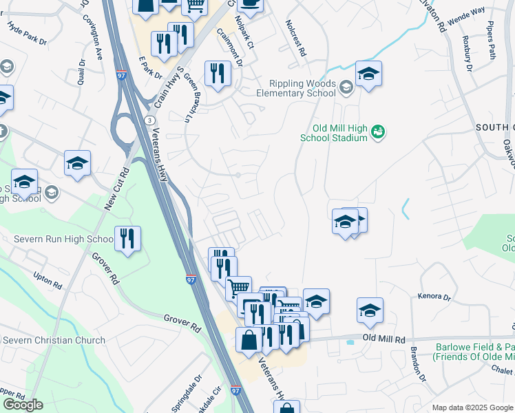 map of restaurants, bars, coffee shops, grocery stores, and more near 8258 Longford Road in Glen Burnie