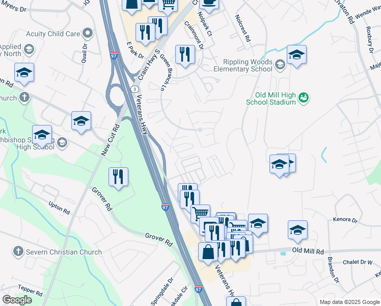 map of restaurants, bars, coffee shops, grocery stores, and more near 622 Leprechaun Lane in Glen Burnie