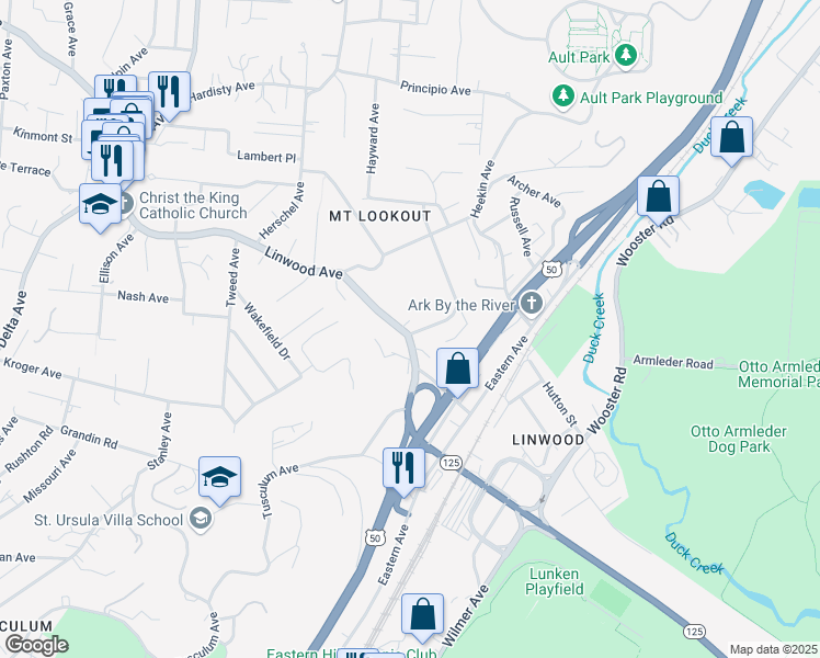 map of restaurants, bars, coffee shops, grocery stores, and more near 3552 Linwood Avenue in Cincinnati