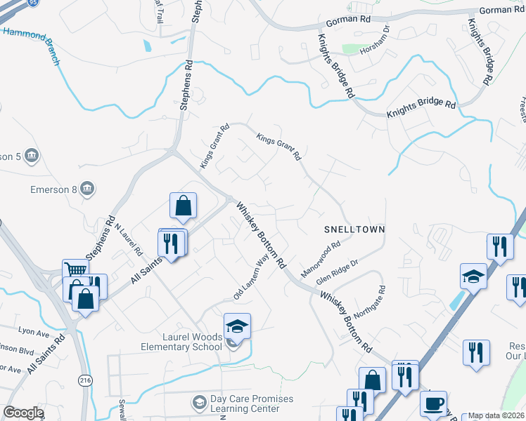 map of restaurants, bars, coffee shops, grocery stores, and more near 9944 Harmony Ln in Laurel