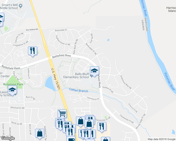 map of restaurants, bars, coffee shops, grocery stores, and more near 845 Ferndale Terrace Northeast in Leesburg