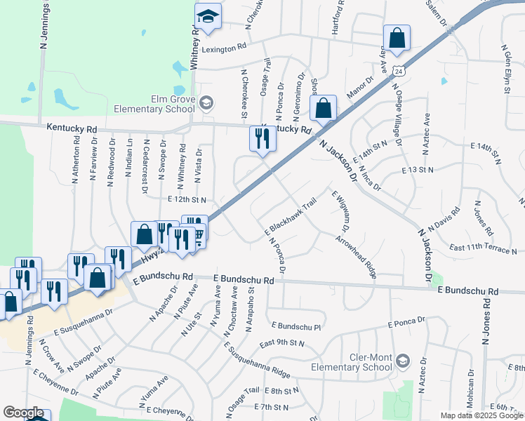 map of restaurants, bars, coffee shops, grocery stores, and more near 18404 East Arrowhead Lane in Independence