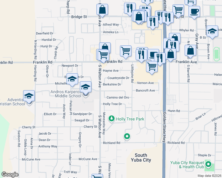 map of restaurants, bars, coffee shops, grocery stores, and more near 1552 Berkshire Drive in Yuba City