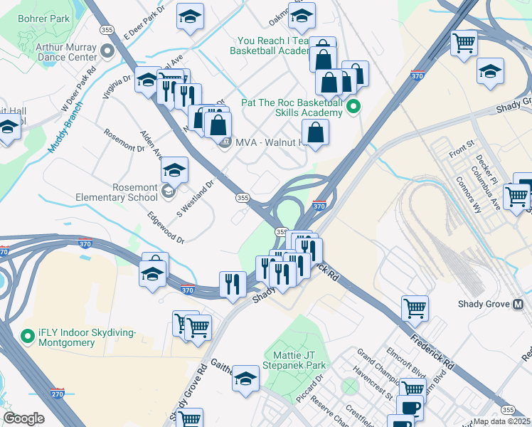 map of restaurants, bars, coffee shops, grocery stores, and more near 16567 Frederick Road in Gaithersburg