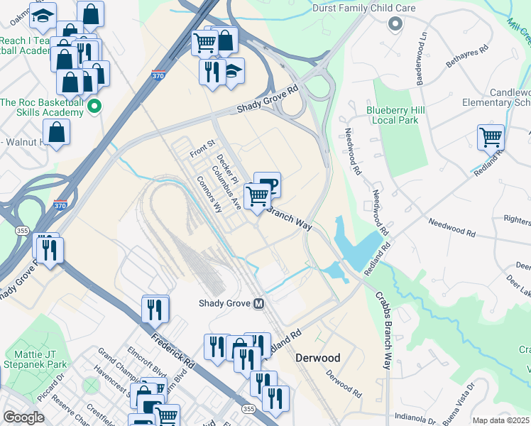 map of restaurants, bars, coffee shops, grocery stores, and more near 8010 Gramercy Boulevard in Rockville