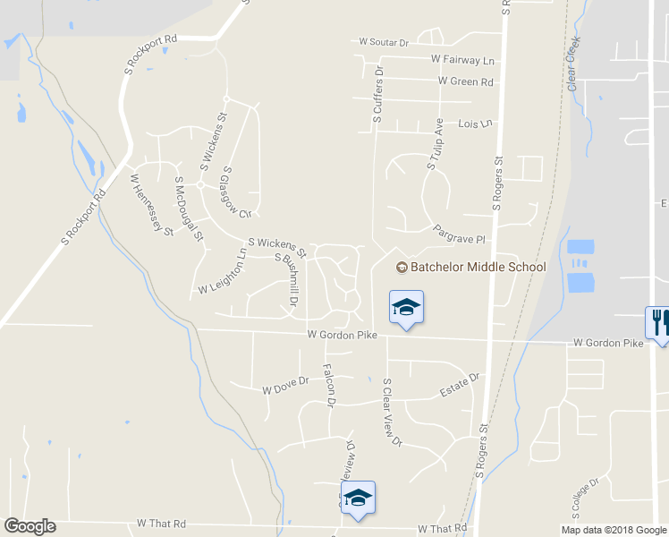 map of restaurants, bars, coffee shops, grocery stores, and more near 1453 West Rockcrest Drive in Bloomington