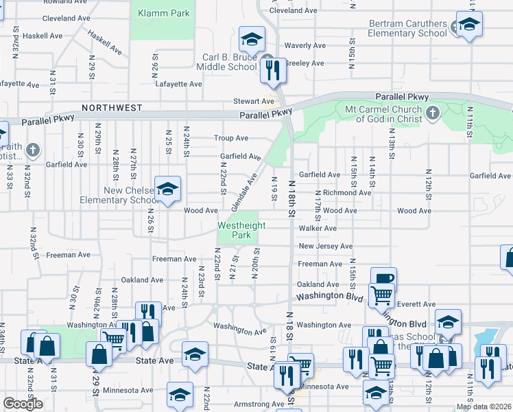 map of restaurants, bars, coffee shops, grocery stores, and more near 1918 Wood Avenue in Kansas City