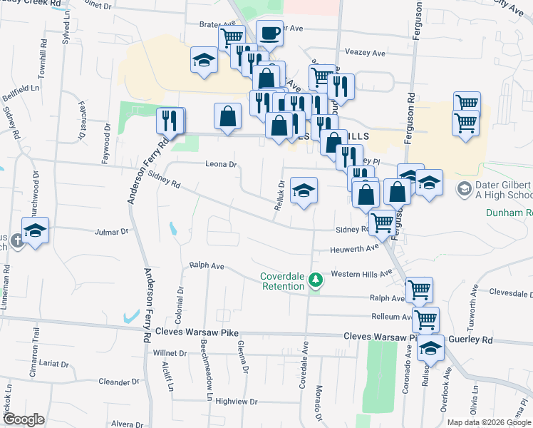 map of restaurants, bars, coffee shops, grocery stores, and more near 5213 Relluk Drive in Cincinnati