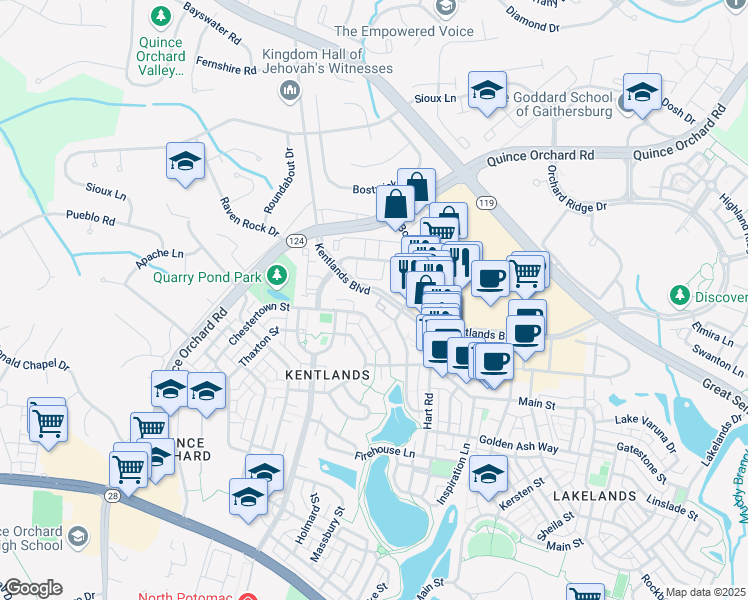 map of restaurants, bars, coffee shops, grocery stores, and more near 406 Kentlands Boulevard in Gaithersburg
