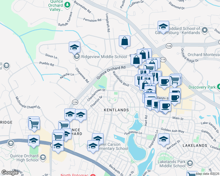 map of restaurants, bars, coffee shops, grocery stores, and more near 184 Kendrick Place in Gaithersburg