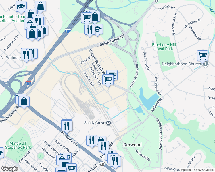 map of restaurants, bars, coffee shops, grocery stores, and more near 8005 Gramercy Boulevard in Derwood
