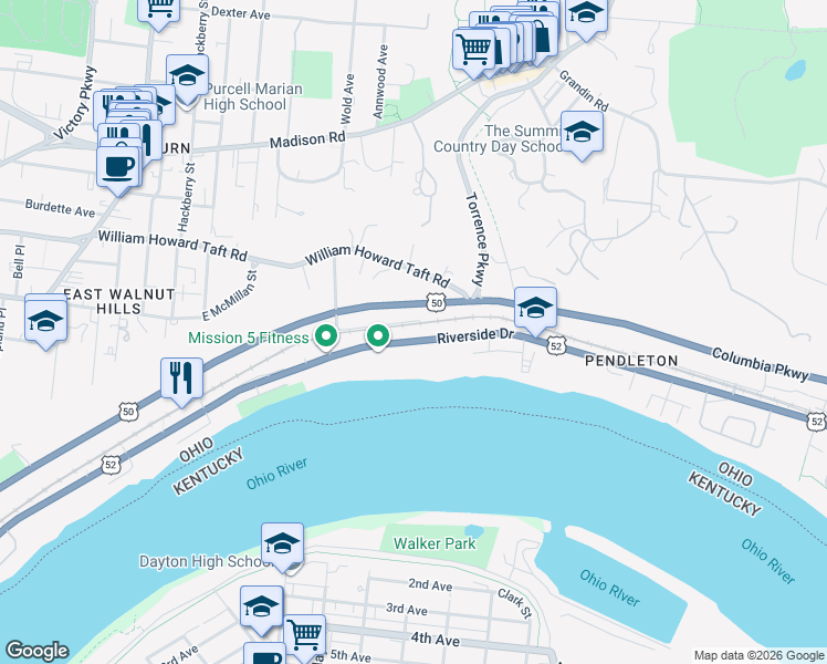 map of restaurants, bars, coffee shops, grocery stores, and more near 2355 Gladstone Avenue in Cincinnati