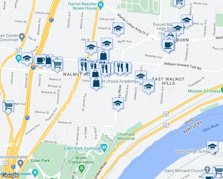 map of restaurants, bars, coffee shops, grocery stores, and more near 2356 Park Avenue in Cincinnati